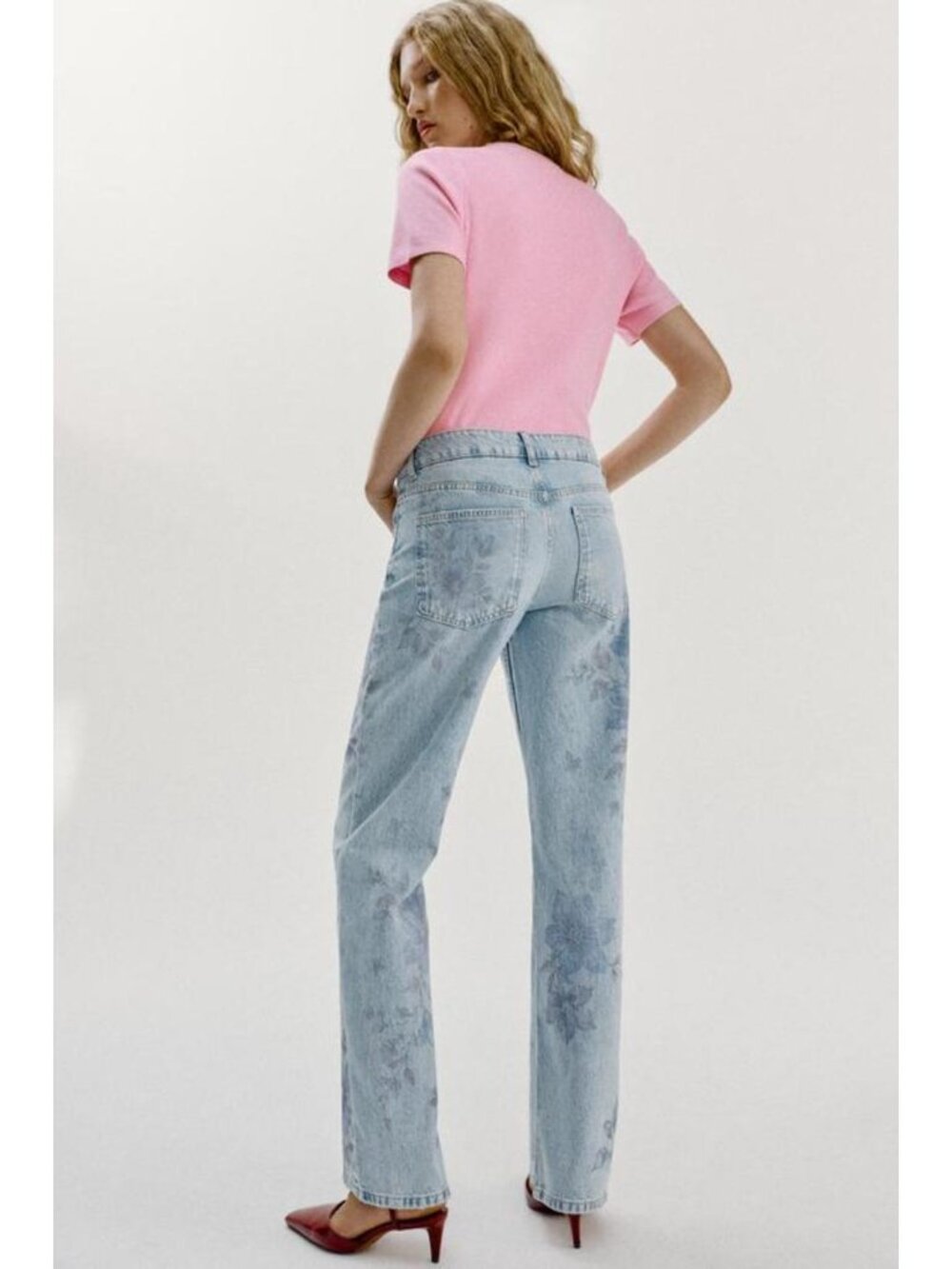 ZARA Z1975 MID-RISE LONG STRAIGHT FLORAL JEANS 6186/060/427